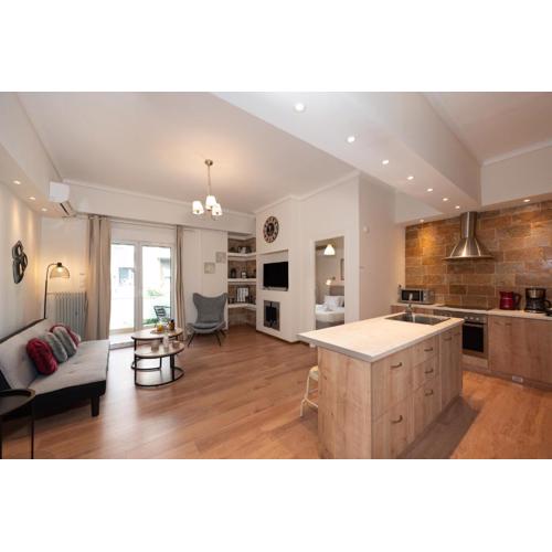 Contemporary apartment made of wood and stone.