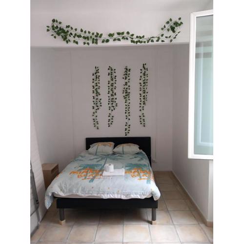 un lit double dans une chambre dans un appartement de 3 chambres en colocation à proximité du centre ville