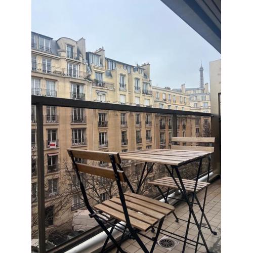 View of Eiffel Tower Paris 16th arrondissement Trocadero with Terrasse